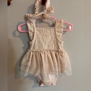 Little Lass Cream Lace tutu dress with bow headband